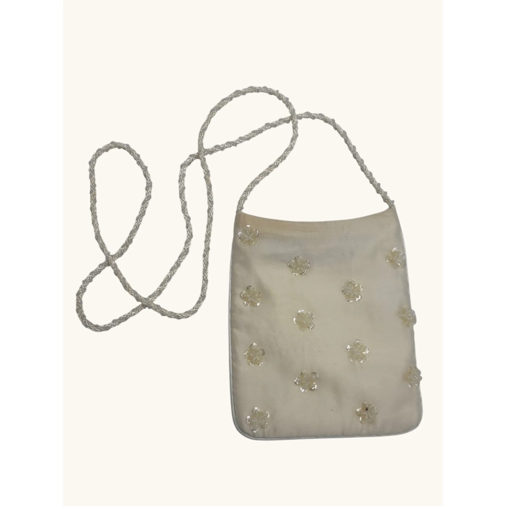 La Regale Ivory Satin Beaded Floral Evening Bag Crossbody Bridal Wedding White